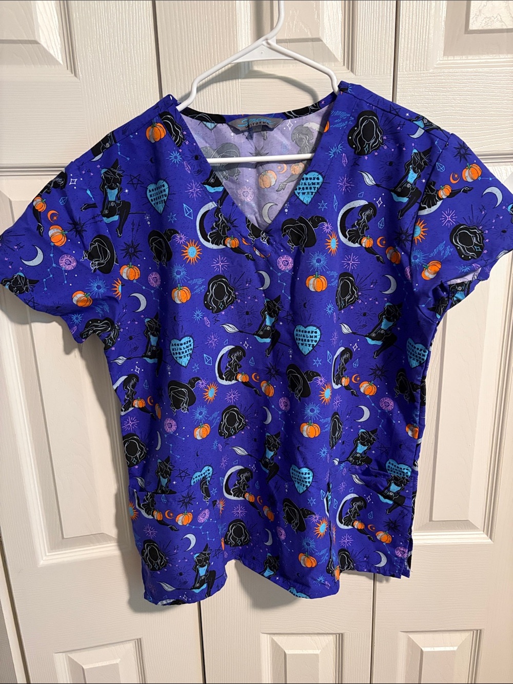 Adult Purple Halloween Print Scrub Top